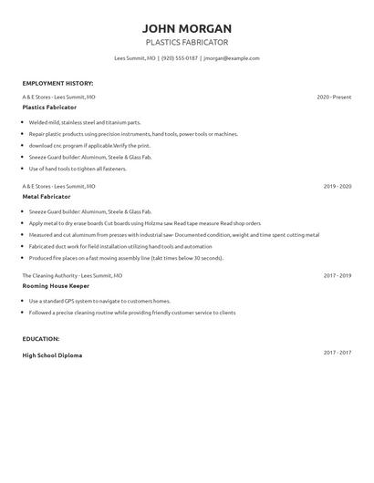 Plastics Fabricator Resume