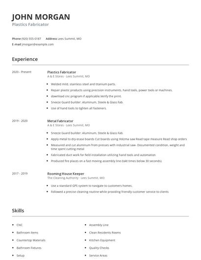 Plastics Fabricator Resume