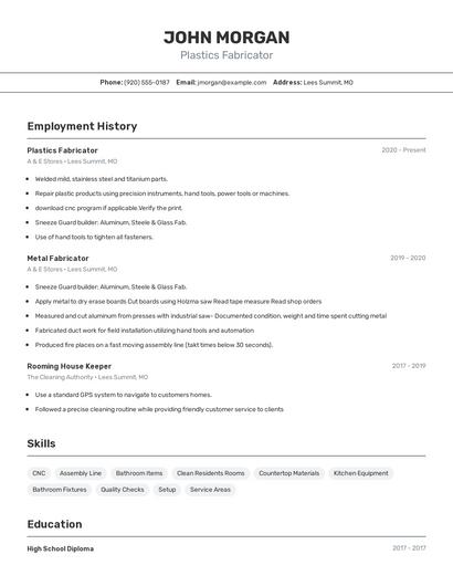 Plastics Fabricator Resume