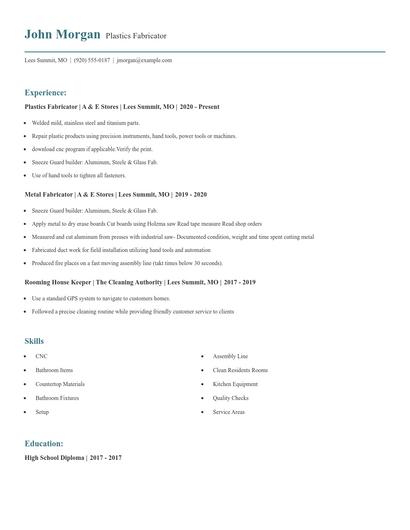 Plastics Fabricator Resume