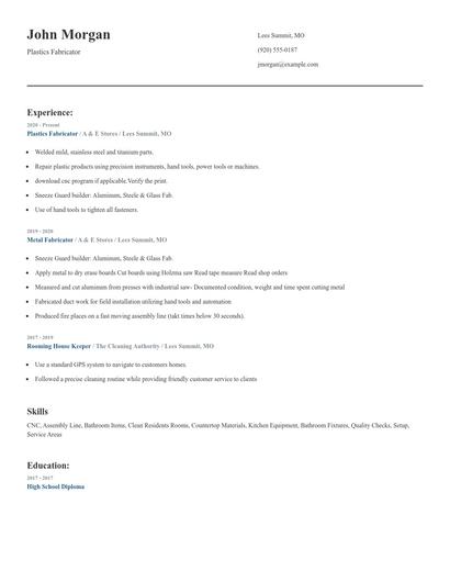 Plastics Fabricator Resume