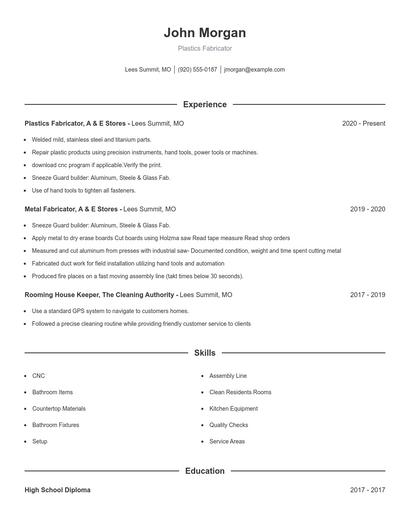 Plastics Fabricator Resume