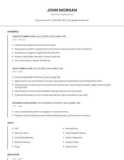 Plastics Fabricator Resume