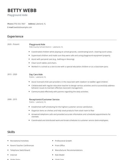 Playground Aide Resume