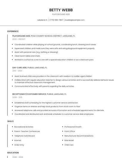 Playground Aide Resume