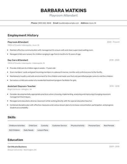 Playroom Attendant Resume