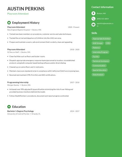 Playroom Attendant Resume