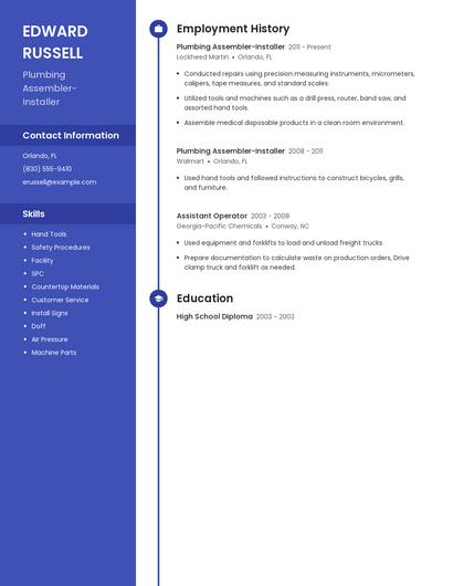 Plumbing Assembler-Installer Resume