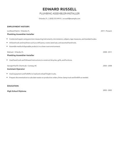 Plumbing Assembler-Installer Resume