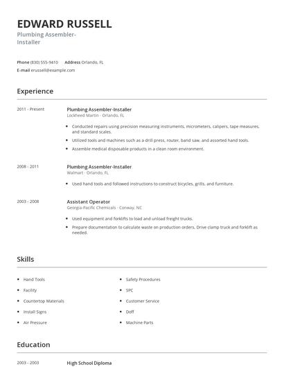 Plumbing Assembler-Installer Resume