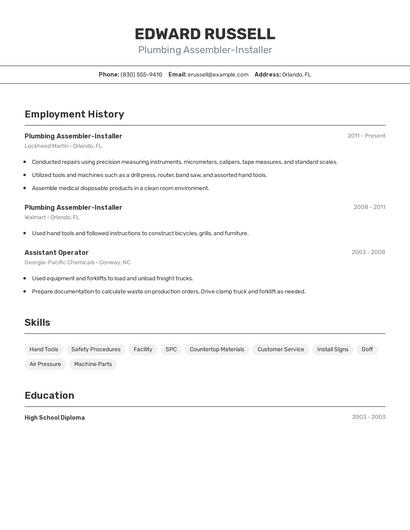 Plumbing Assembler-Installer Resume
