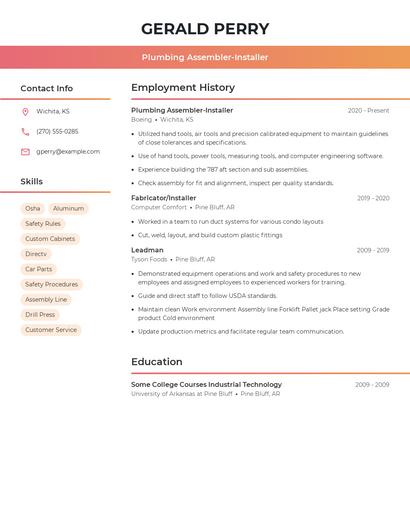Plumbing Assembler-Installer Resume