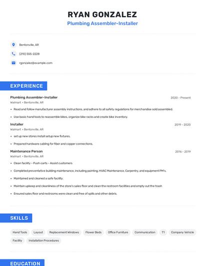 Plumbing Assembler-Installer Resume