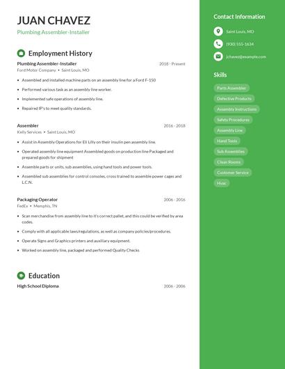 Plumbing Assembler-Installer Resume
