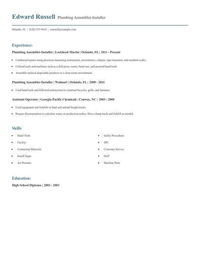 Plumbing Assembler-Installer Resume