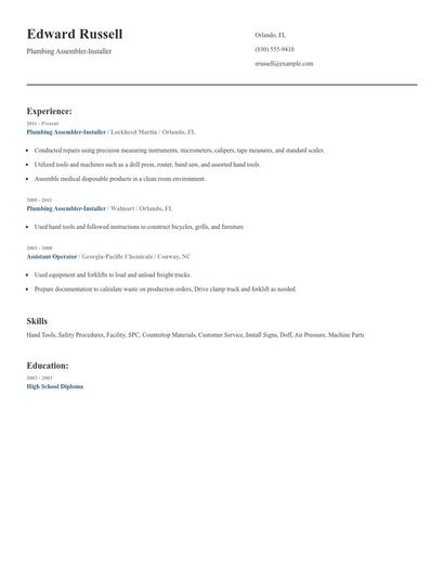 Plumbing Assembler-Installer Resume