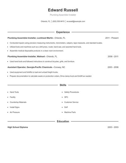 Plumbing Assembler-Installer Resume