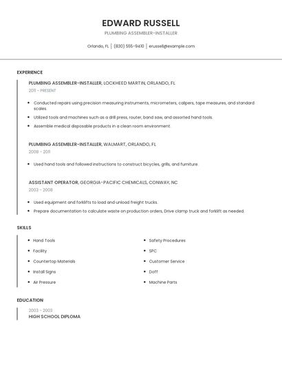 Plumbing Assembler-Installer Resume