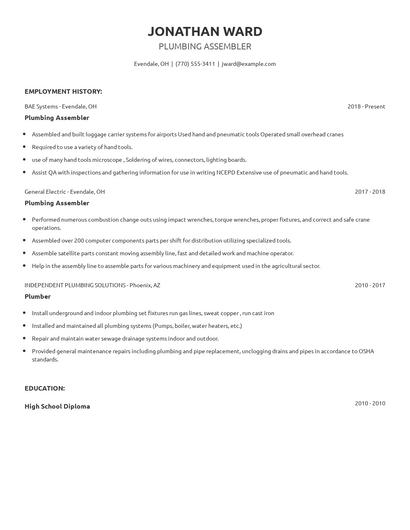 Plumbing Assembler Resume