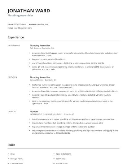 Plumbing Assembler Resume