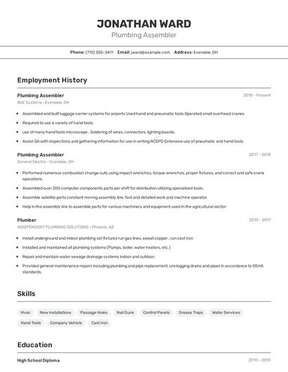 Plumbing Assembler Resume
