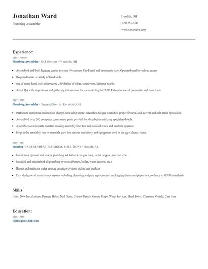 Plumbing Assembler Resume