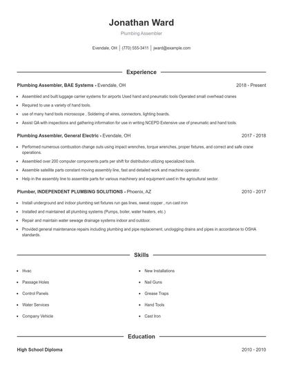 Plumbing Assembler Resume