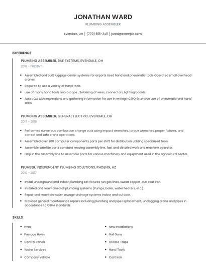 Plumbing Assembler Resume