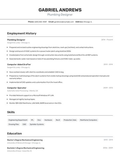 Plumbing Designer Resume