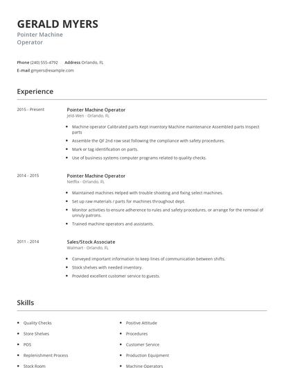 Pointer Machine Operator Resume