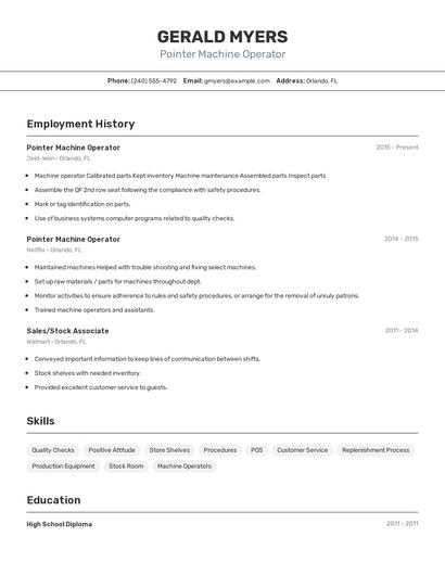 Pointer Machine Operator Resume