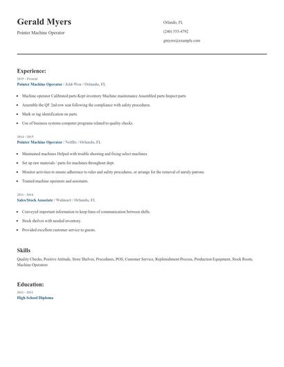 Pointer Machine Operator Resume