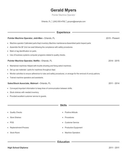 Pointer Machine Operator Resume