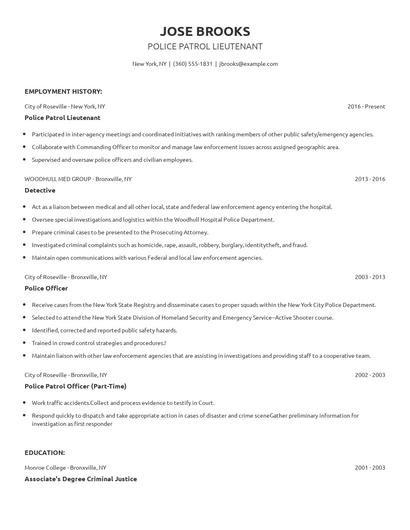 Police Patrol Lieutenant Resume