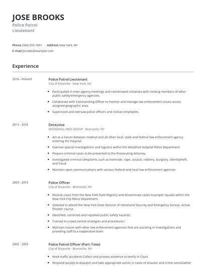 Police Patrol Lieutenant Resume