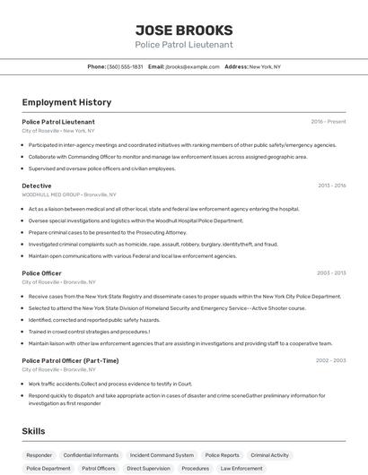 Police Patrol Lieutenant Resume