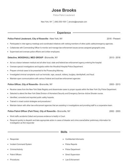 Police Patrol Lieutenant Resume