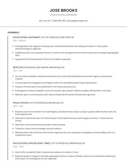Police Patrol Lieutenant Resume