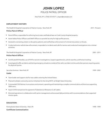 Police Patrol Officer Resume
