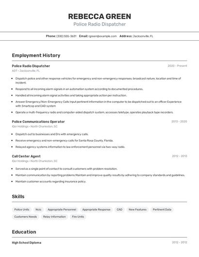 Police Radio Dispatcher Resume