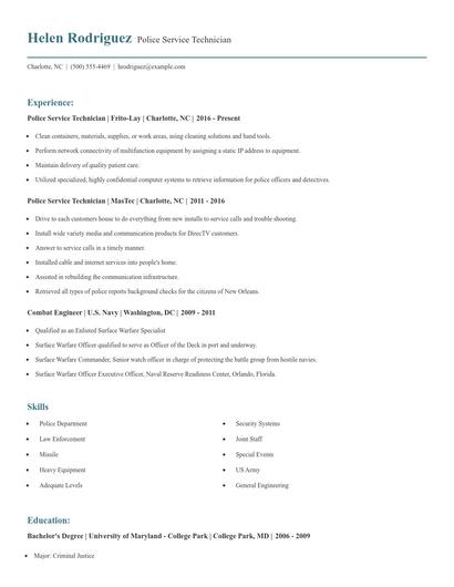 Police Service Technician Resume