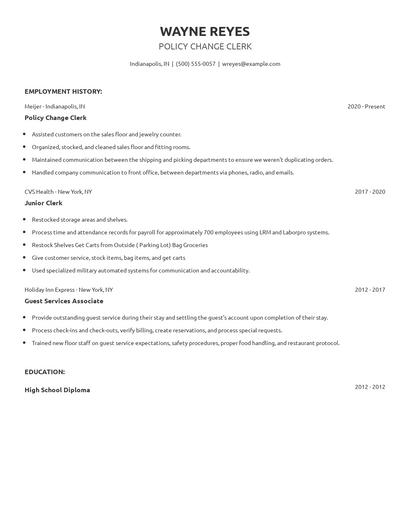 Policy Change Clerk Resume