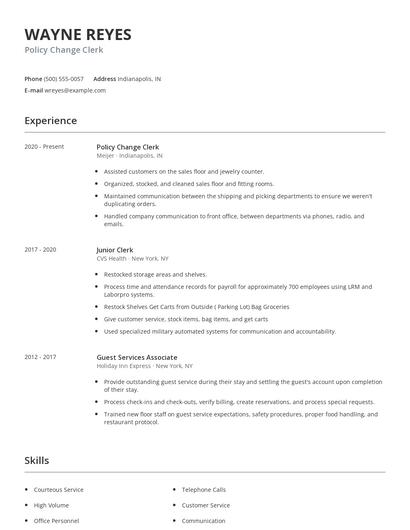 Policy Change Clerk Resume