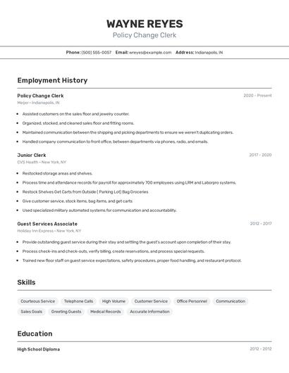 Policy Change Clerk Resume