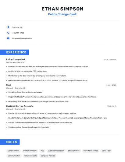 Policy Change Clerk Resume