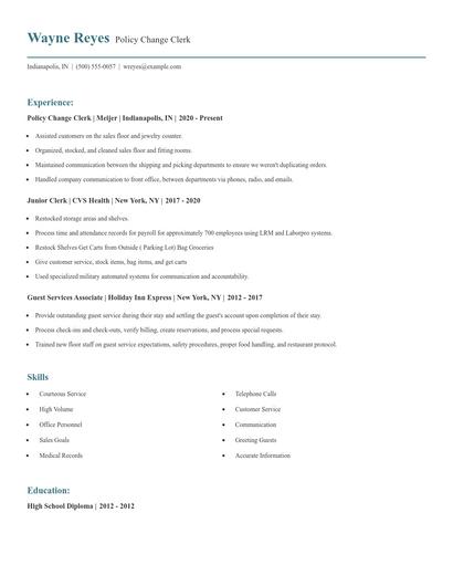 Policy Change Clerk Resume