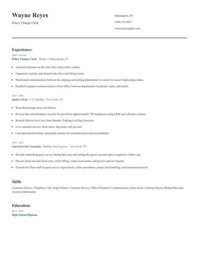 Policy Change Clerk Resume