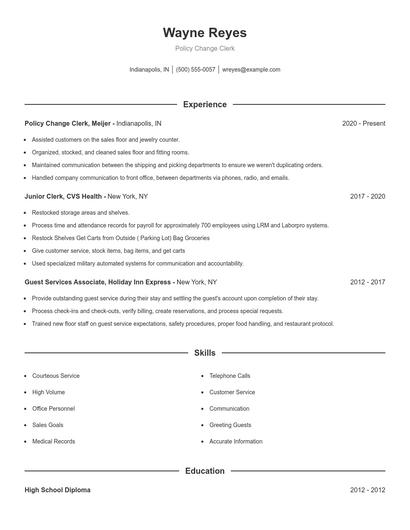 Policy Change Clerk Resume
