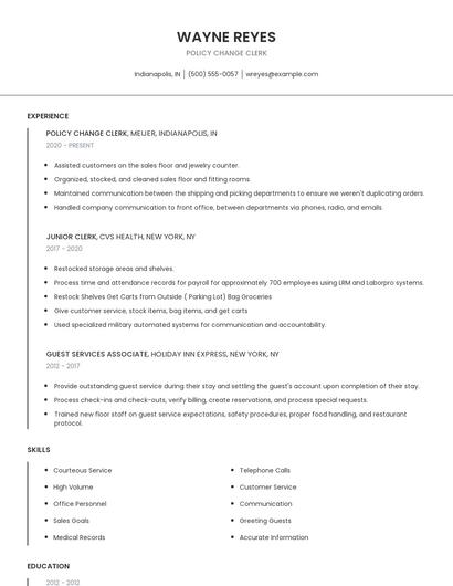 Policy Change Clerk Resume
