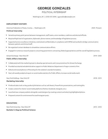 Political Internship Resume